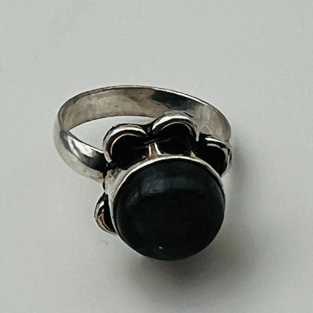 Blue Stone Silver Tone Ring Cabochon Gemstone Size 6 Artisan Statement - Picture 3 of 8